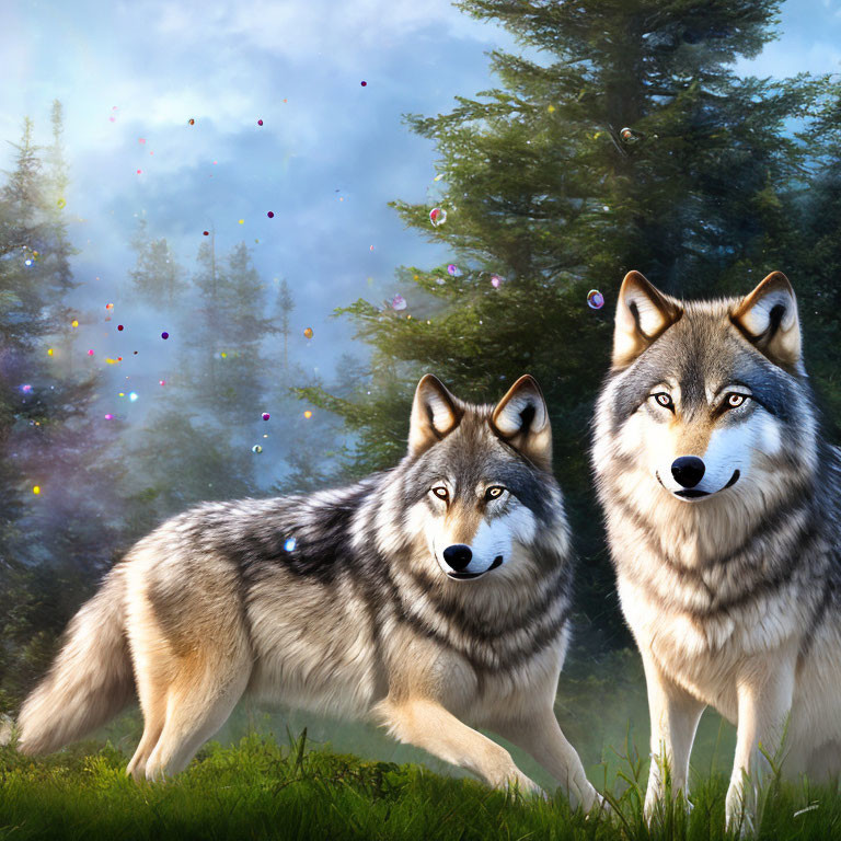 Mystical forest scene with two wolves and butterflies
