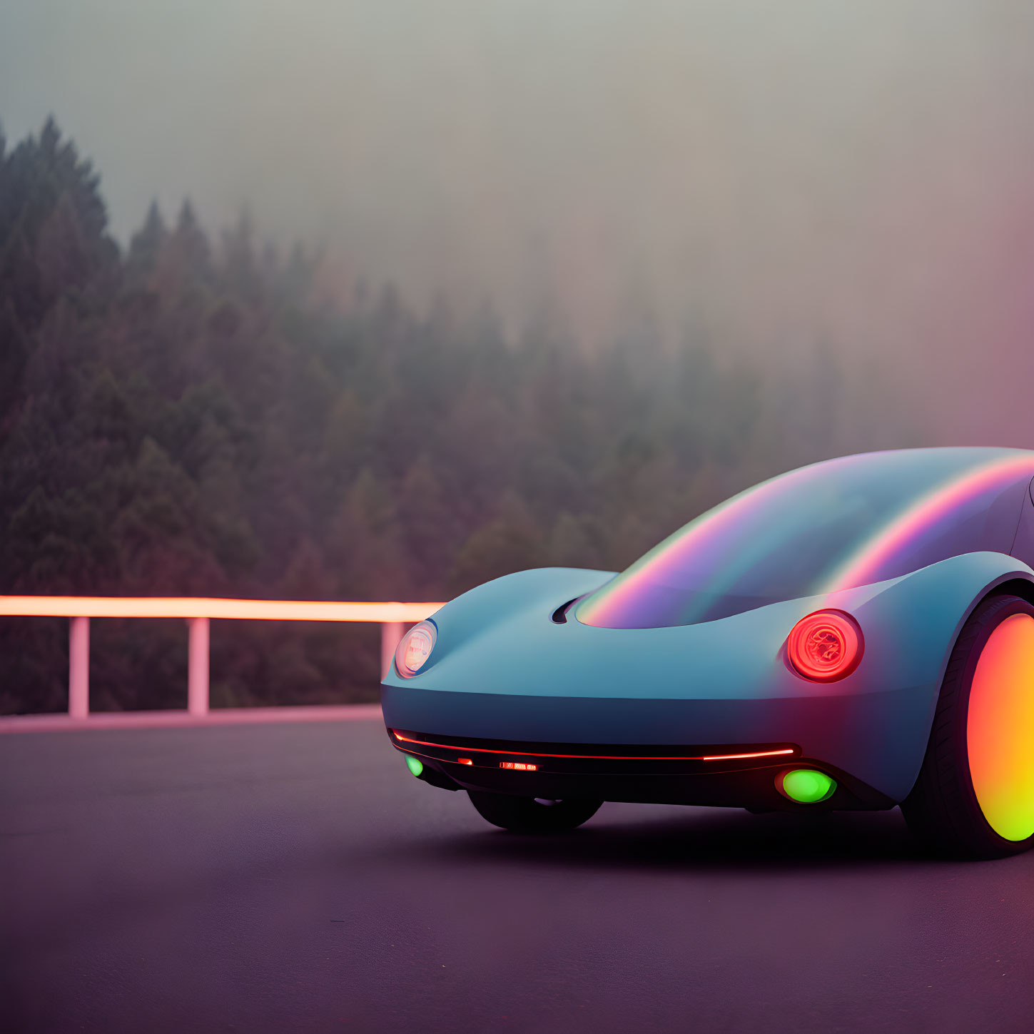 Colorful holographic finish car parked by misty forest