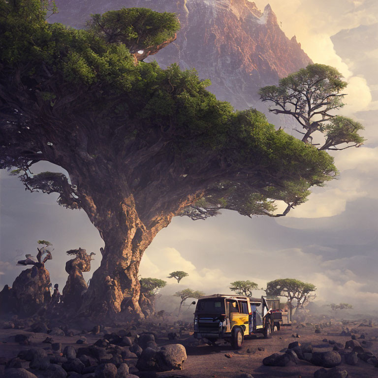4x4 vehicle parked under ancient tree in rocky landscape