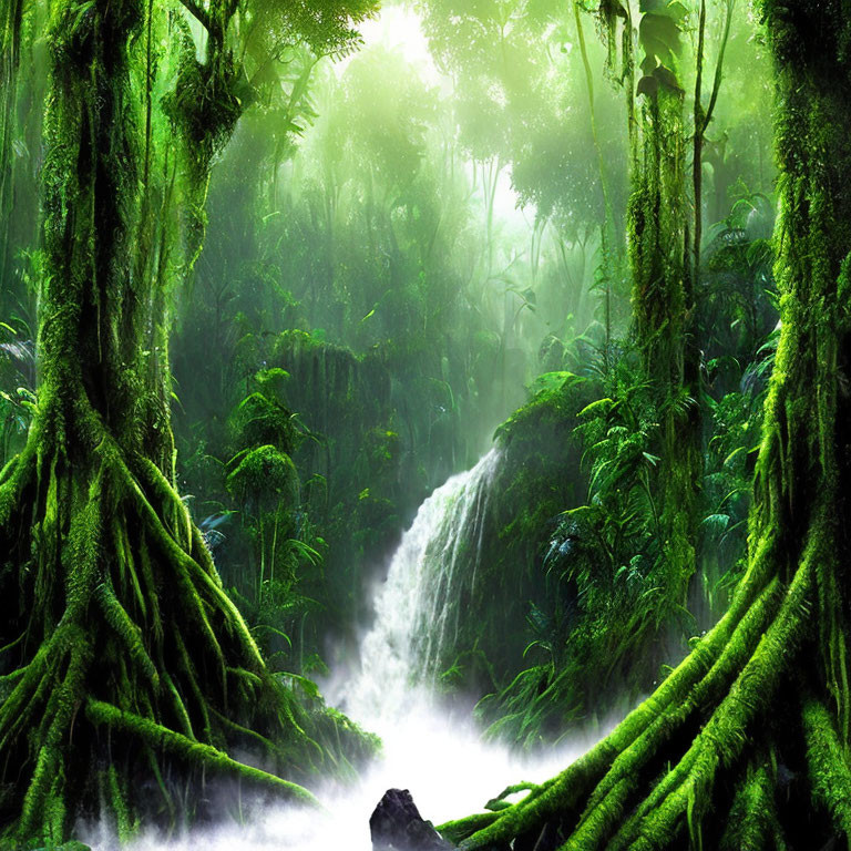 Lush Green Rainforest with Towering Trees and Waterfall