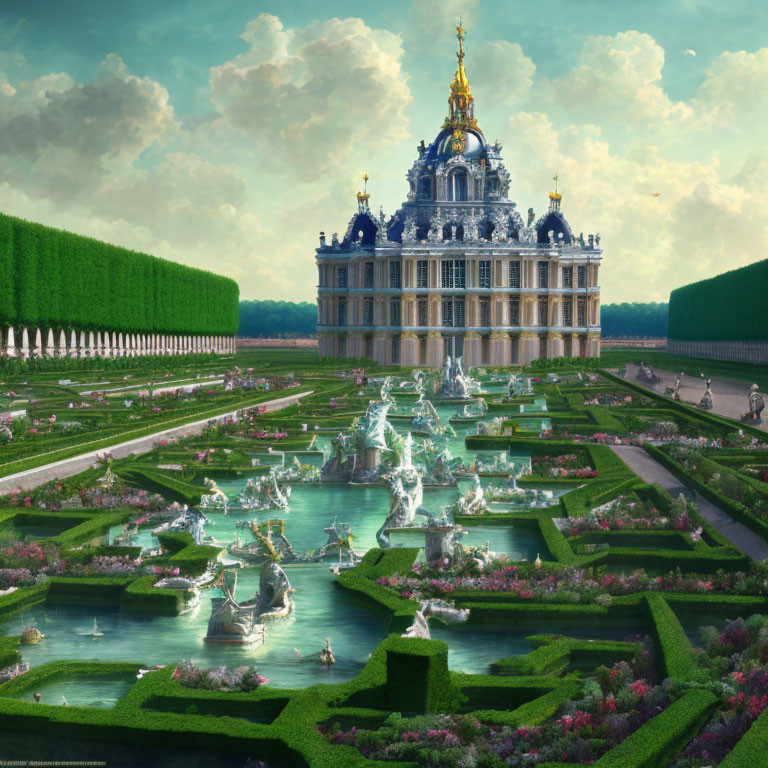 Luxurious palace with golden dome, gardens, fountains, and statues under dramatic sky