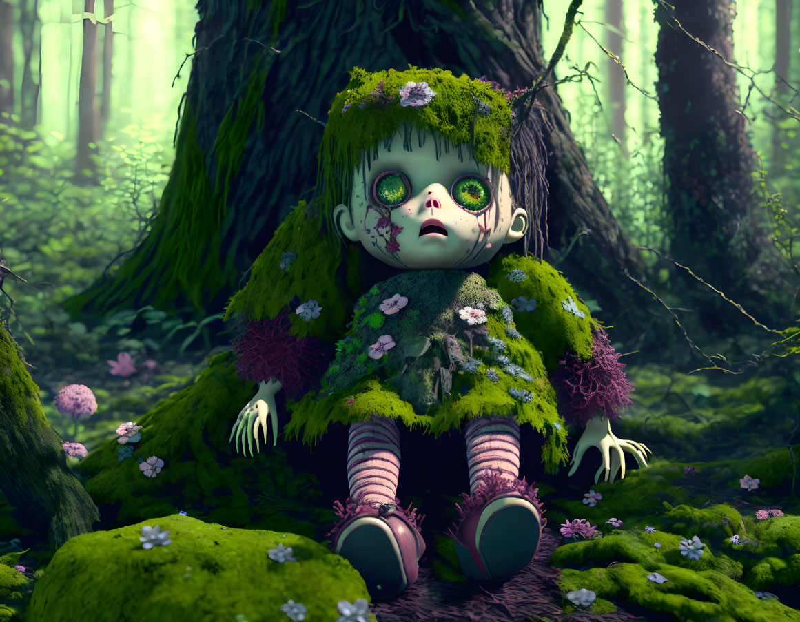 Broken doll in a dark forest