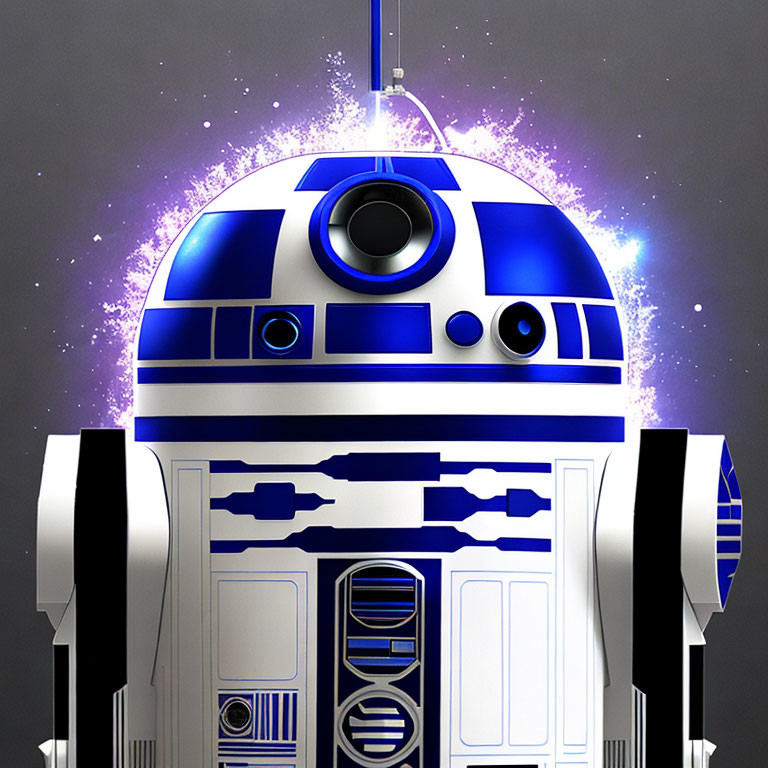 Blue and White R2-D2 Droid on Gray Background with Bright Light