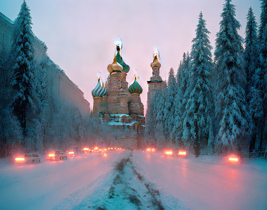 Snow-covered road to colorful St. Basil's Cathedral at wintry twilight