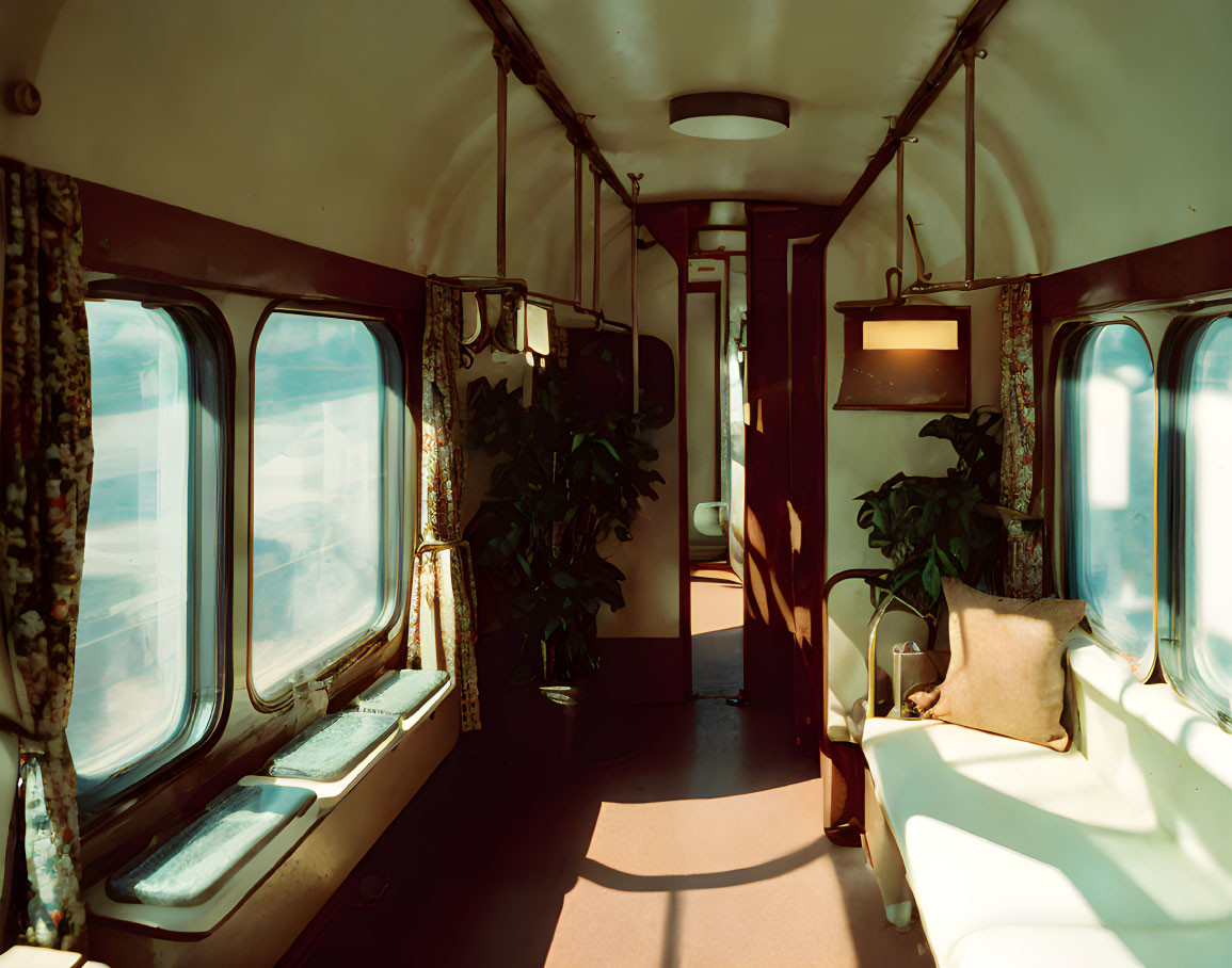 Vintage Train Carriage Interior with Comfortable Seating and Large Windows