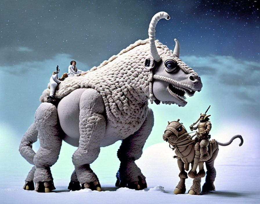 Miniature humanoids riding woolly rhino-ram hybrids in a magical night scene