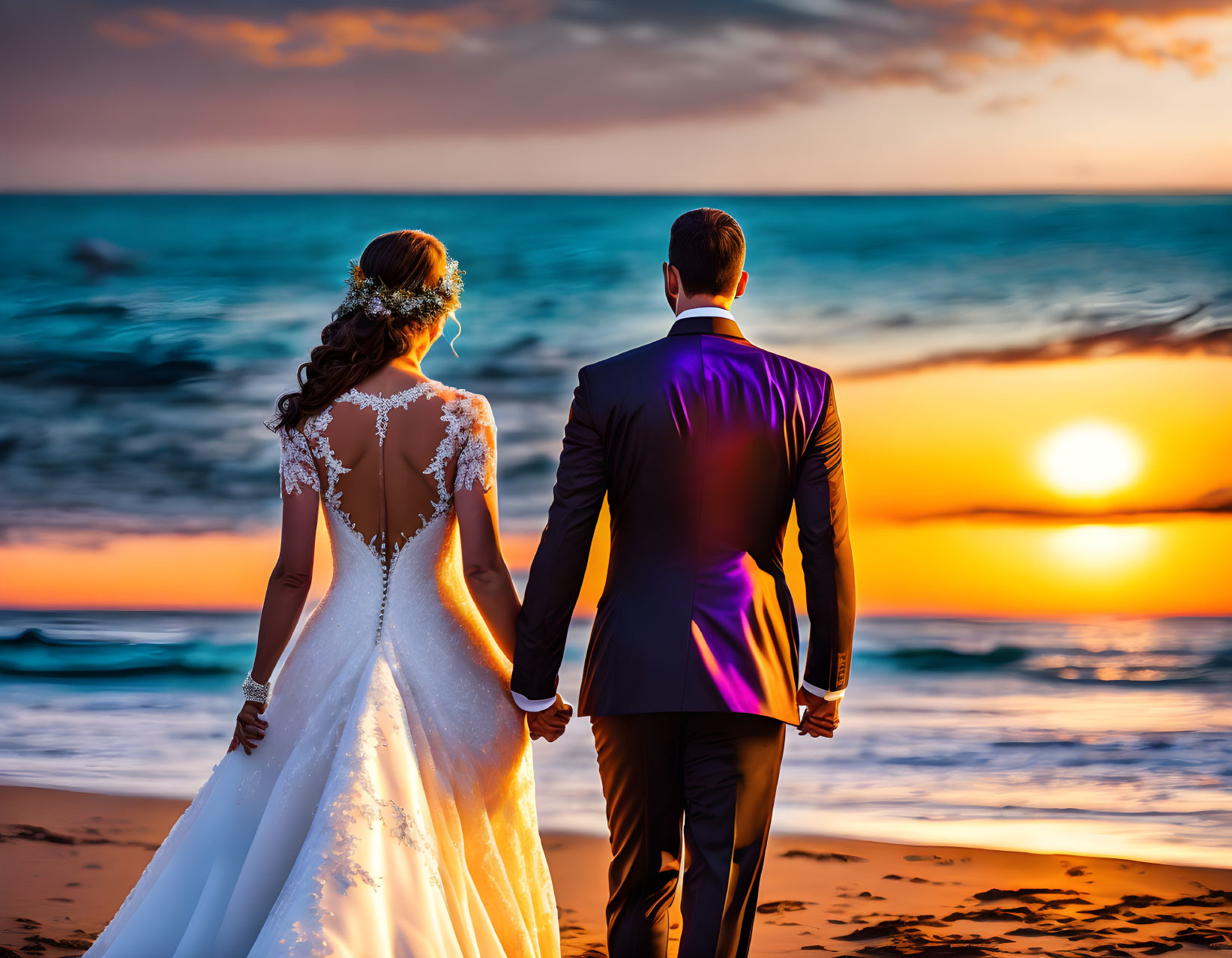 Bride and groom on the beach at sunrise