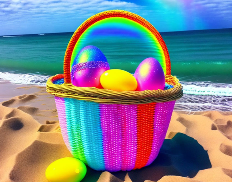 Colorful easter basket on the beach