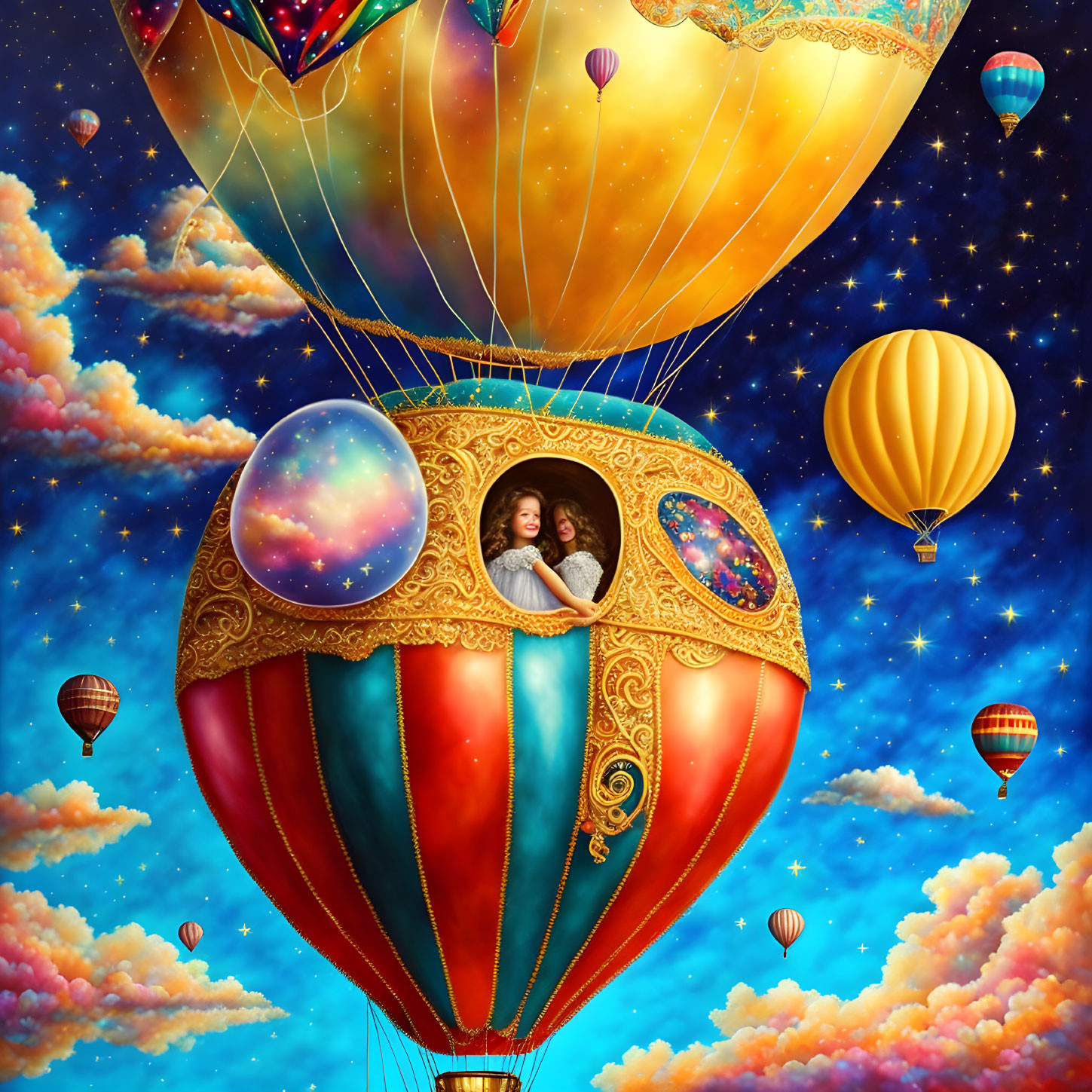 Colorful digital artwork: Person in ornate hot air balloon among whimsical clouds