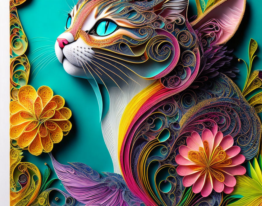 Vibrant illustration of whimsical cat with intricate patterns in blues, pinks, and yellows