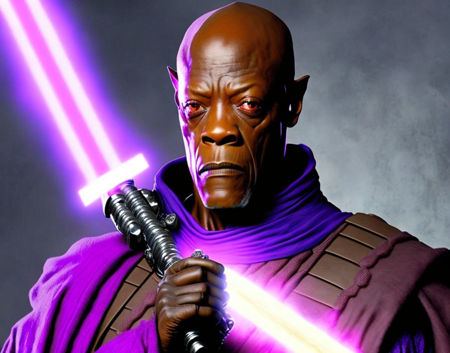 Person in purple cloak wields lit lightsaber with focus
