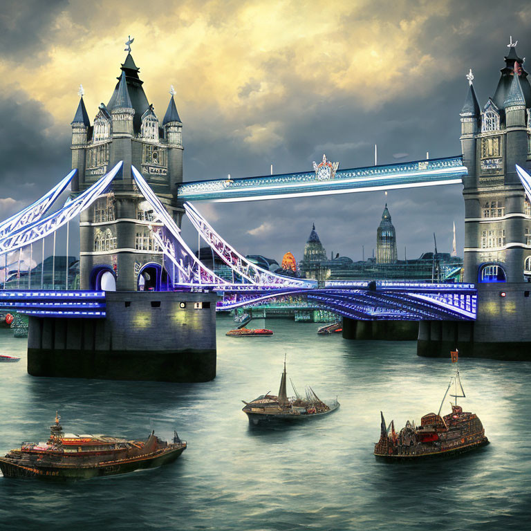 Tower Bridge in London under overcast sky with blue illumination and River Thames boats