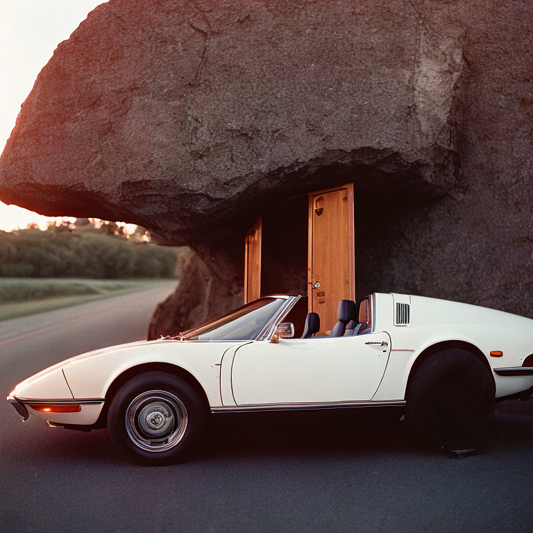 White sports car parked under large rock at sunset.