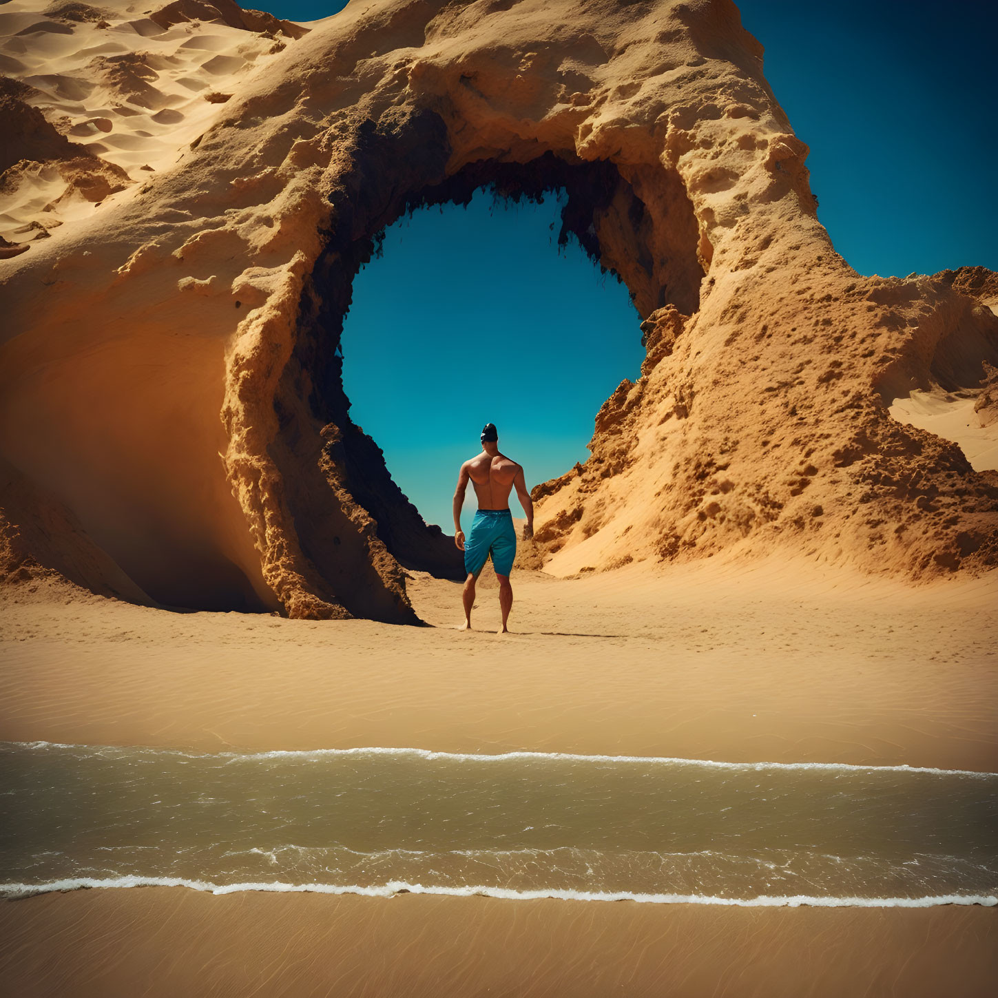 Person standing under large natural arch on sandy beach with clear blue sky