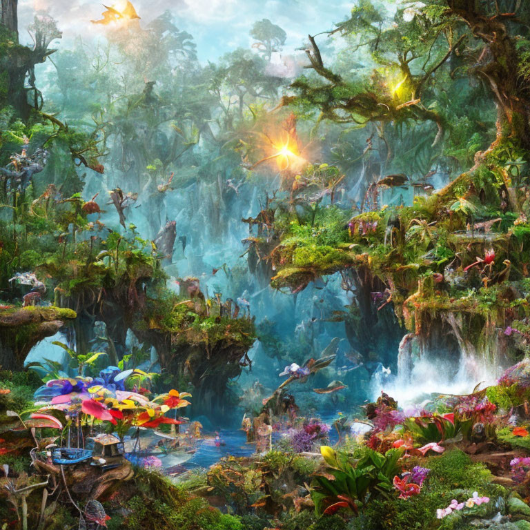 Colorful jungle with floating islands, waterfalls, and flying creatures