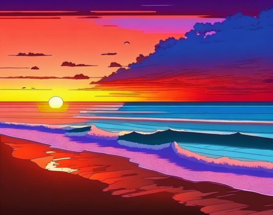 Digital Art: Sunset with Orange, Red, and Purple Hues Reflecting over Ocean Waves