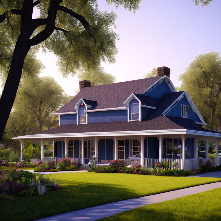 Blue suburban house with white trims, porch, garden, and trees in sunlight