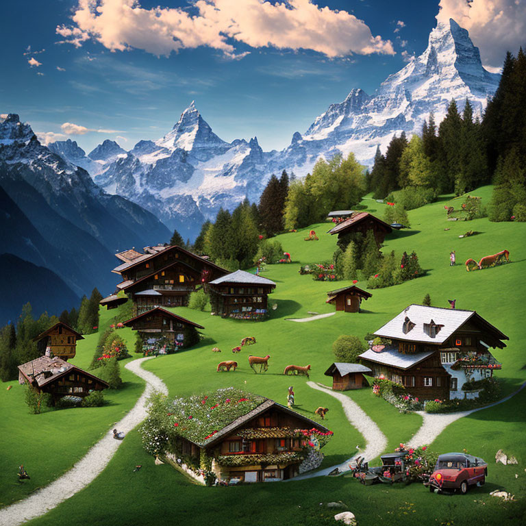 Alpine village with traditional chalets, meadows, cows, and snow-capped mountains