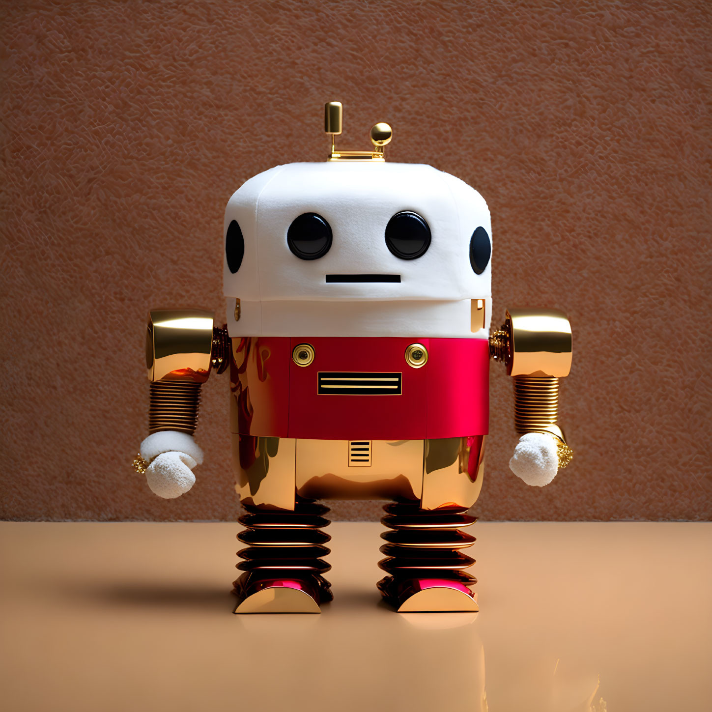 Shiny robot with white head and golden accents on spring legs