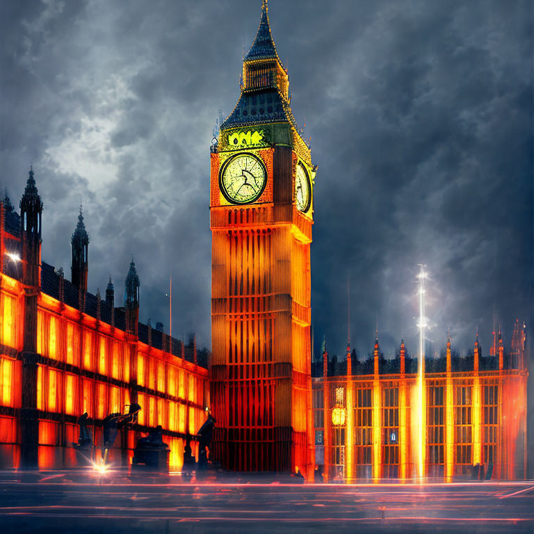 Iconic Big Ben and UK Parliament illuminated at night under stormy skies