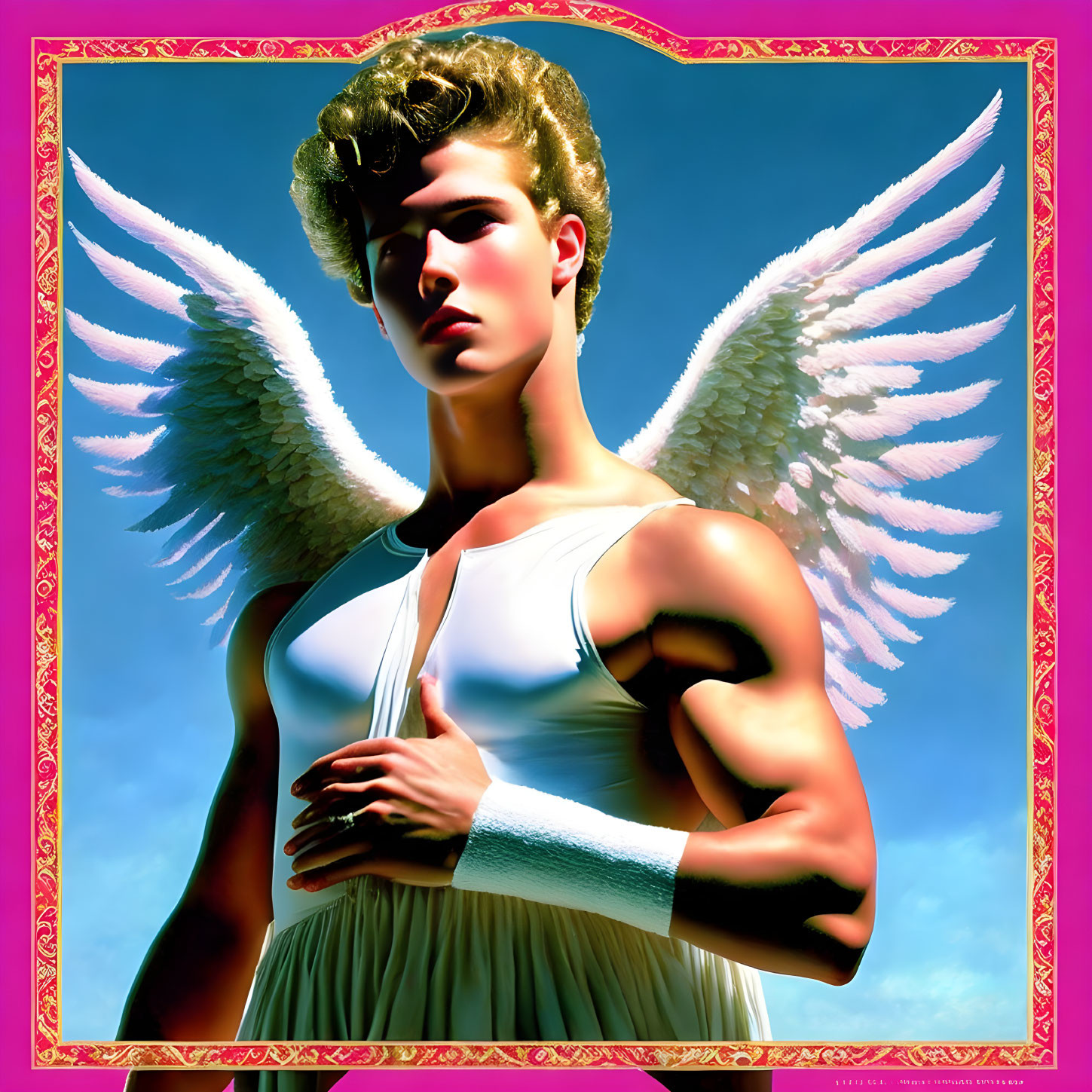 Male angel with white wings in digital art against blue sky