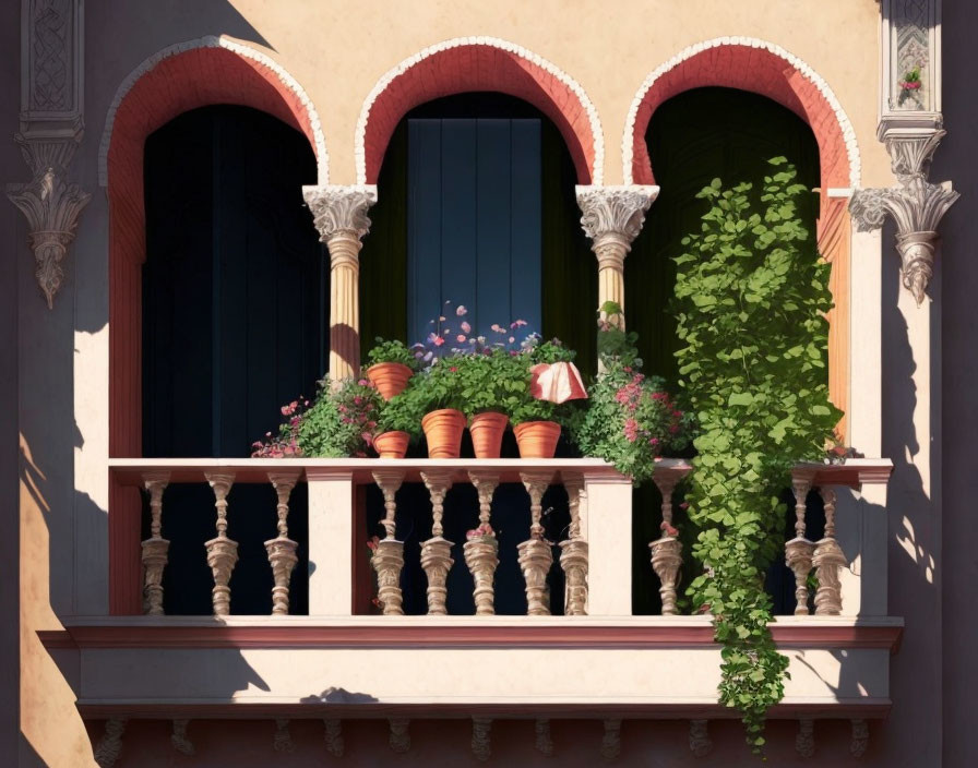 Traditional Balcony with Ornate Railings, Columns, Potted Flowers, and Vines