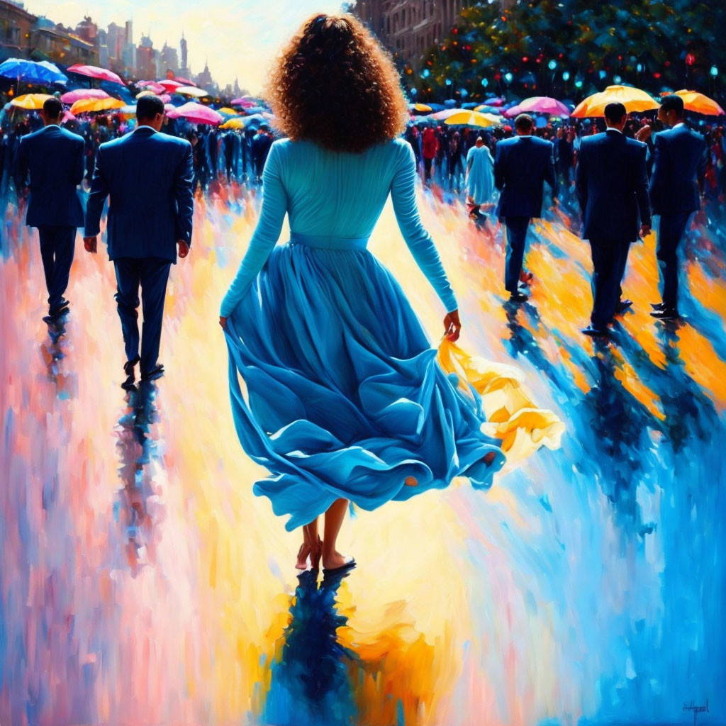 Woman in blue dress strolling on colorful rainy street