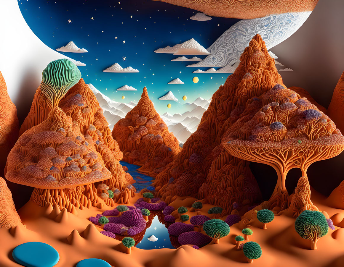 Surreal landscape with orange mountains, intricate trees, starry sky, and floating islands