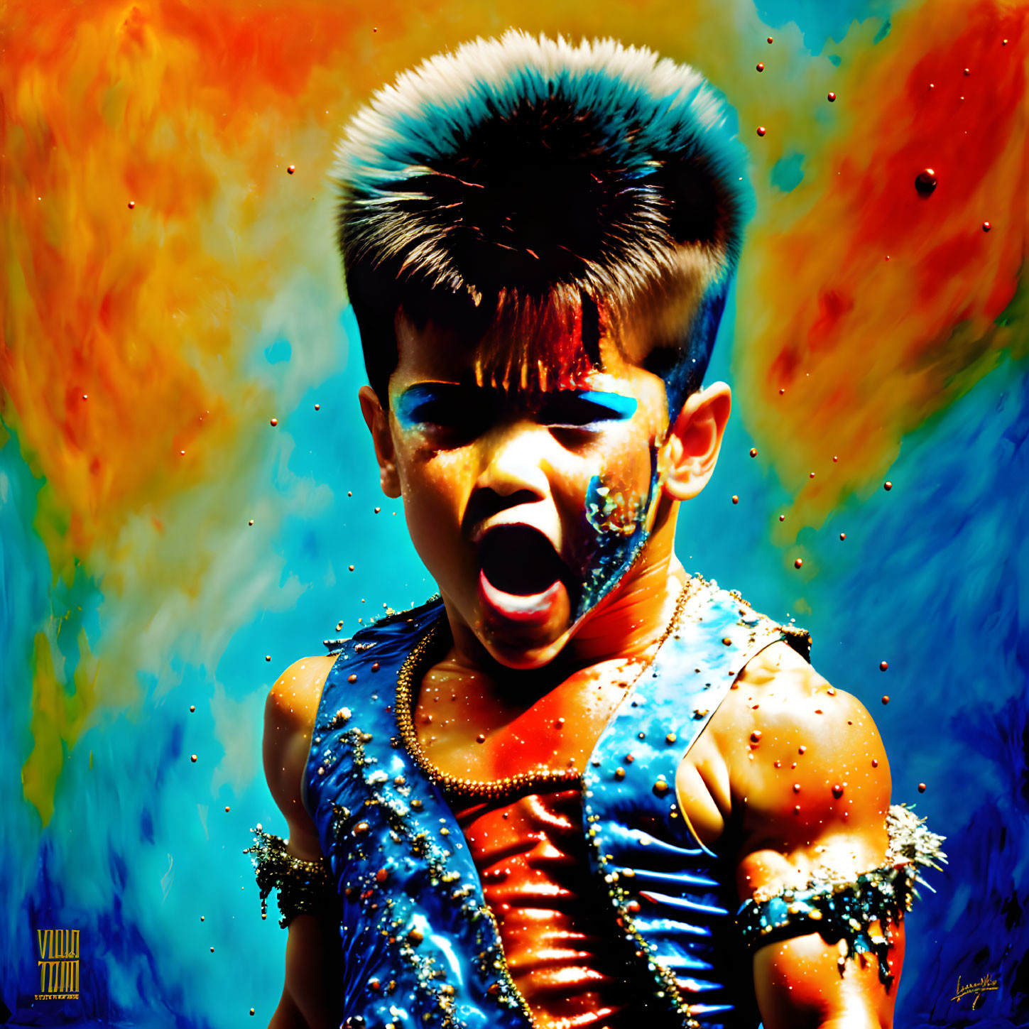 Colorful Child Artwork Featuring Face Paint and Mohawk Costume
