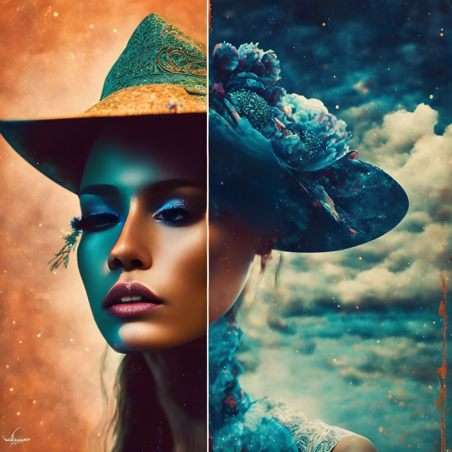 Split-image of woman with striking makeup and flower-adorned cowboy hat against starry backdrop
