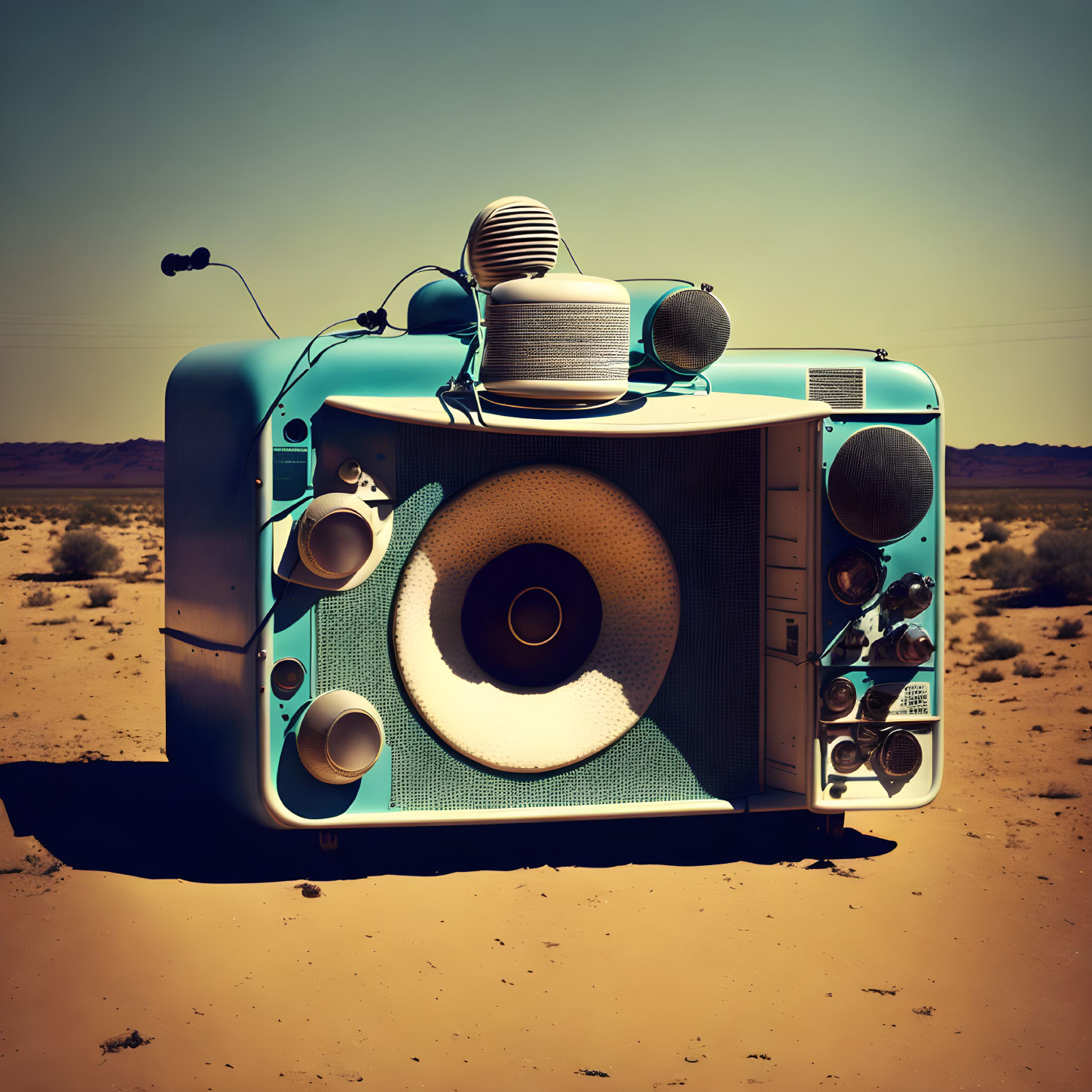 Vintage Turquoise Boombox in Desert Landscape