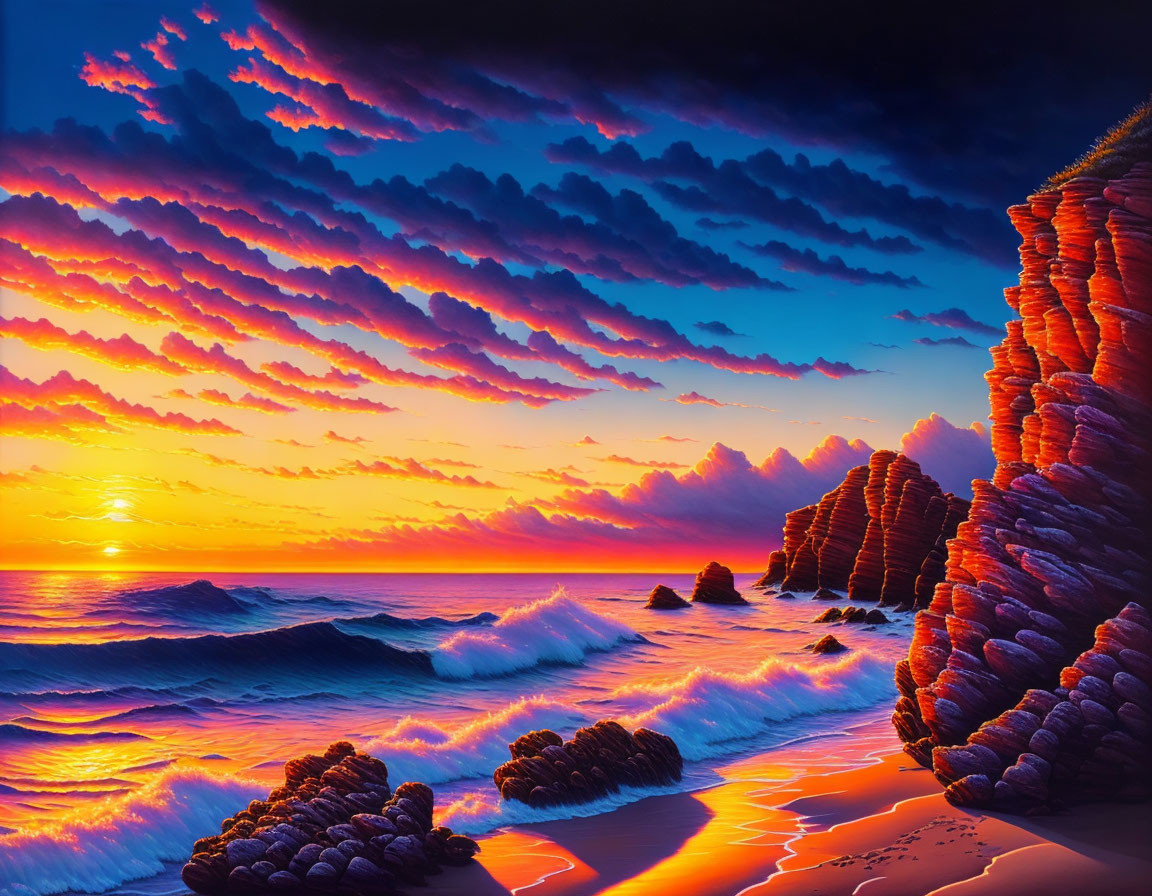 Sunset over rocky beach