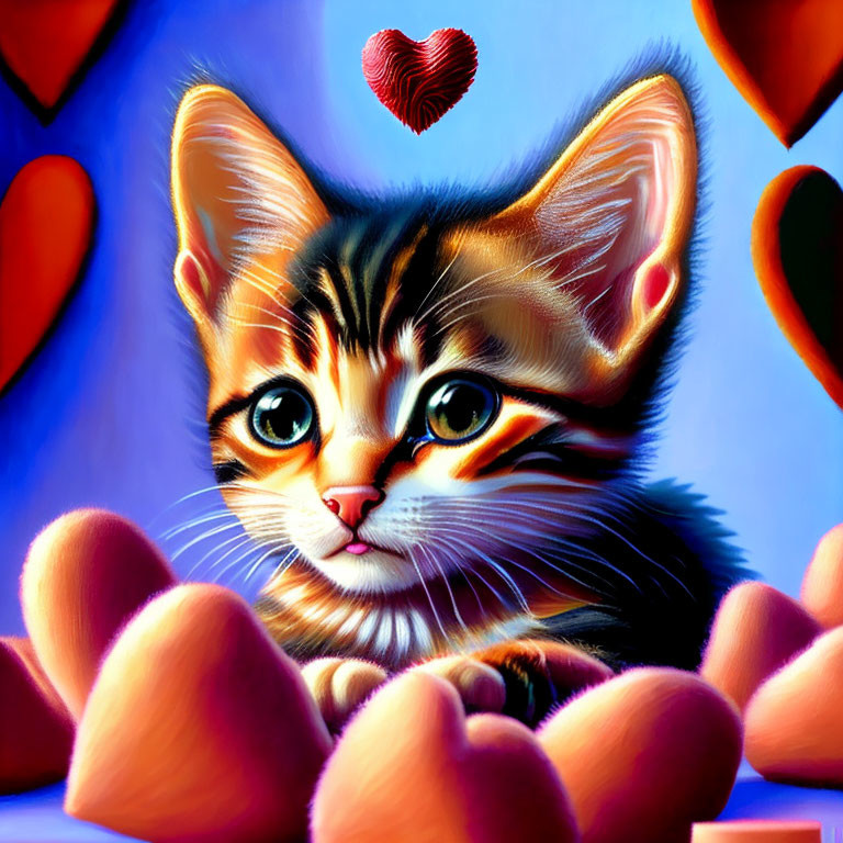 Illustration of wide-eyed kitten with fur patterns among floating hearts on blue background