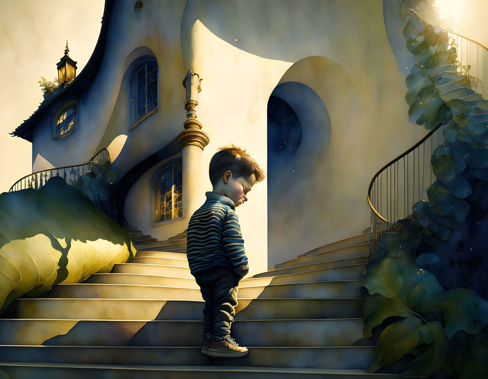 Young boy upset, on the curved stairs of a house