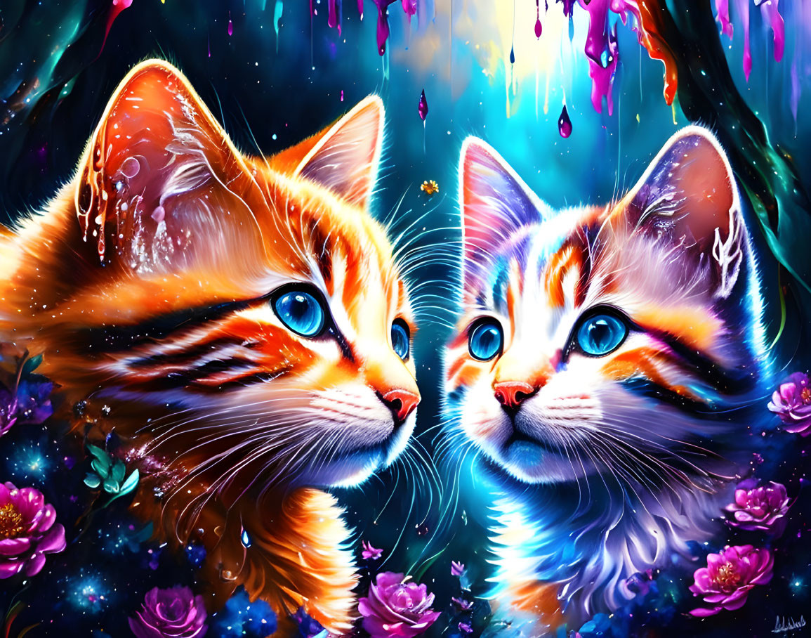 Colorful Illustration of Two Kittens with Blue Eyes and Flowers