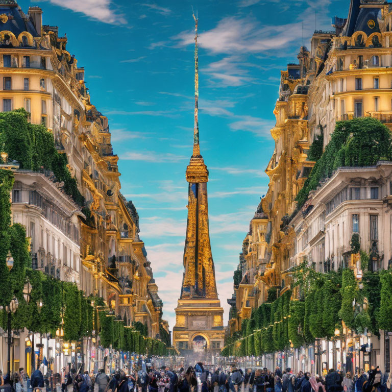 Symmetrical Eiffel Tower View with Parisian Buildings and Street Scene