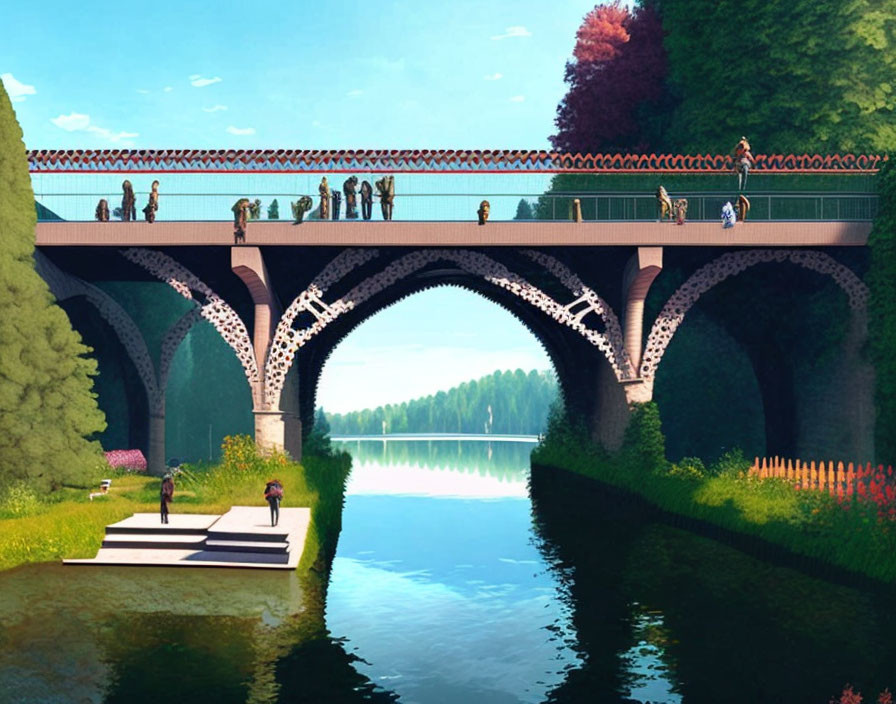 Tranquil scene of people on bridge over calm river