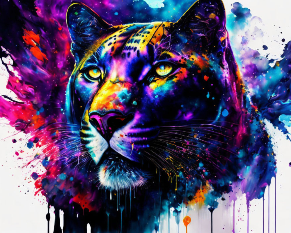 Colorful Leopard Face Artwork with Splash Paint Effect