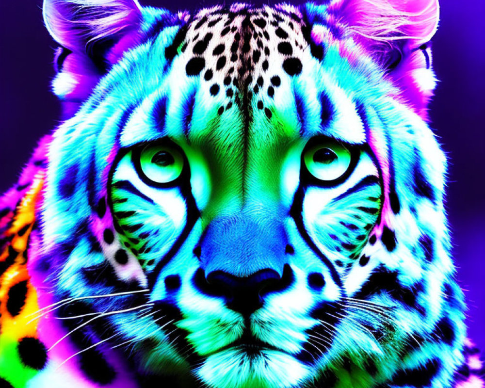 Vivid neon colors transform tiger with purple, blue, green, and yellow hues