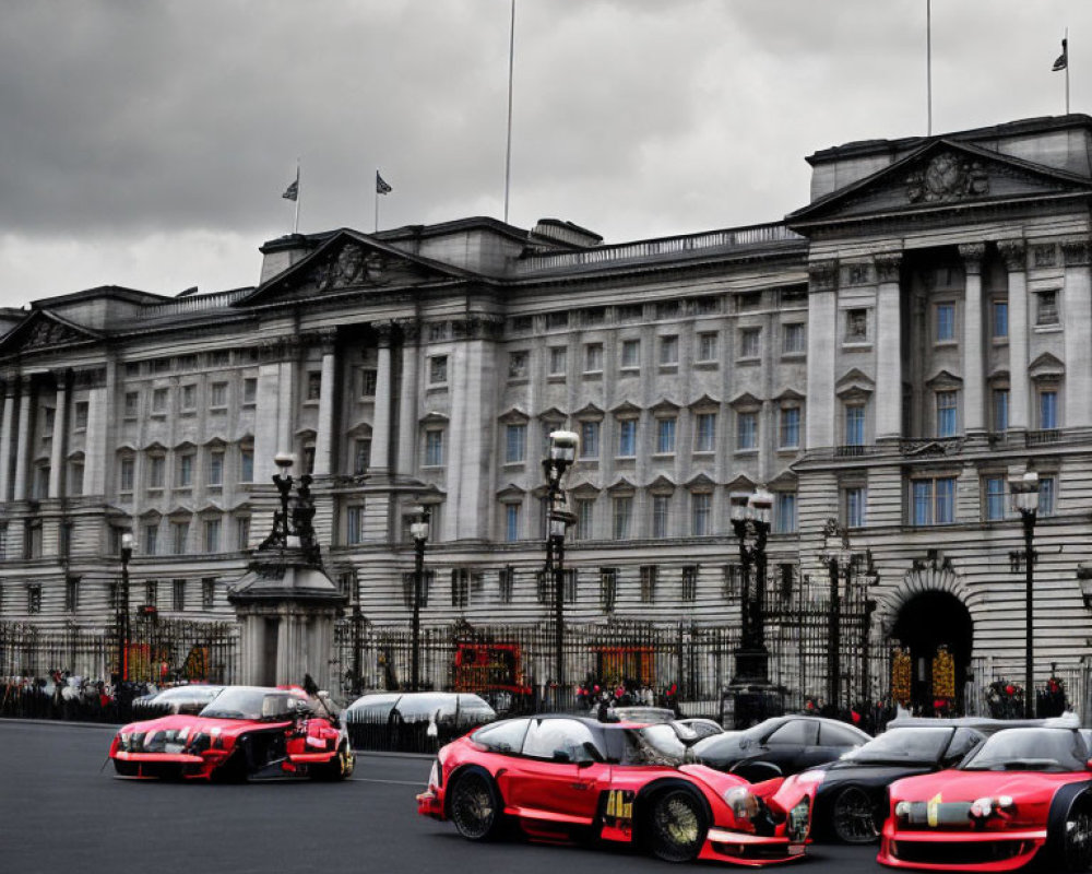 Red Sports Cars Parked in Front of Stately Building Under Overcast Sky