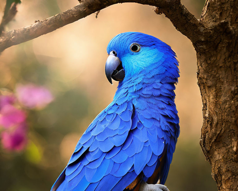 Colorful Blue Parrot with Sharp Black Eye on Branch in Natural Setting