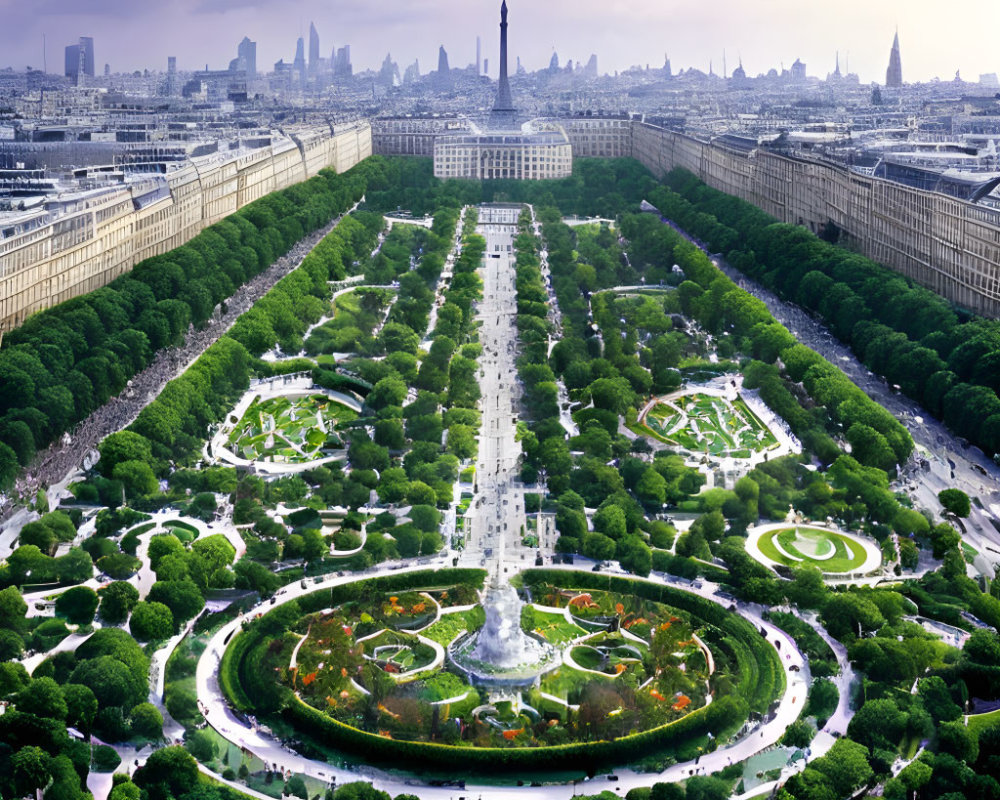 Symmetrical gardens and pathways in lush green park with city skyline