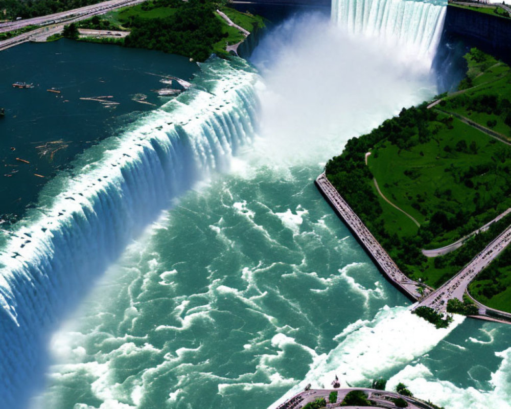 Majestic Niagara Falls with lush greenery and nearby roads