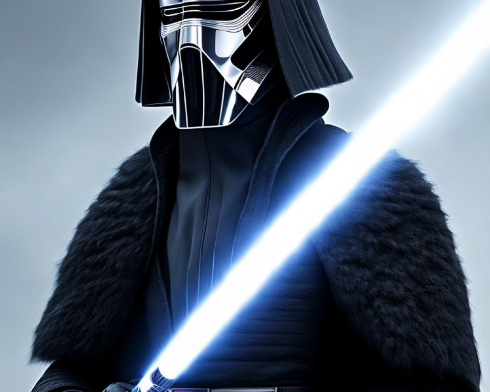 Person in black outfit with mask and cape holding blue lightsaber on gray background