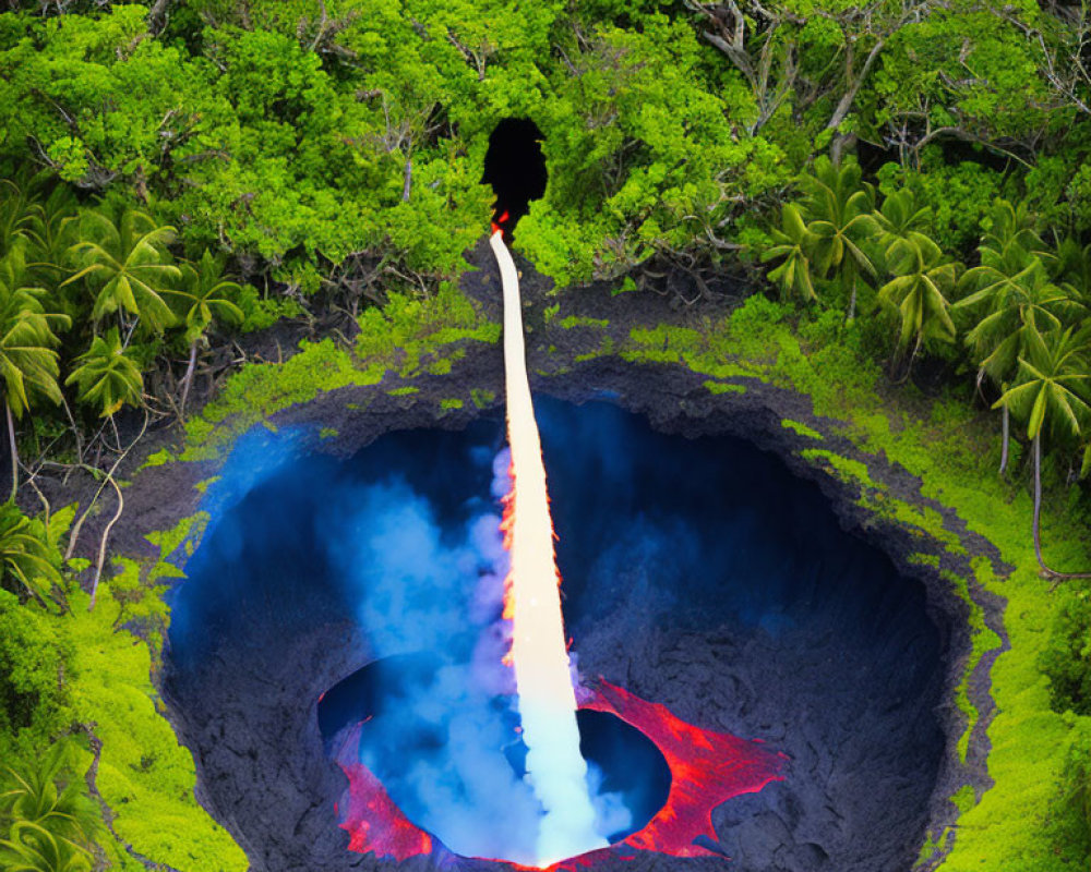 Volcanic eruption with molten lava fountain in lush green forest
