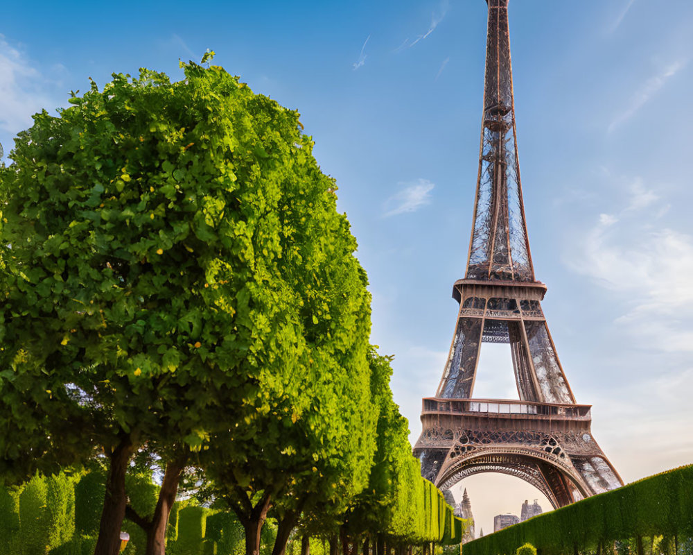 Iconic Eiffel Tower with lush greenery and people walking below