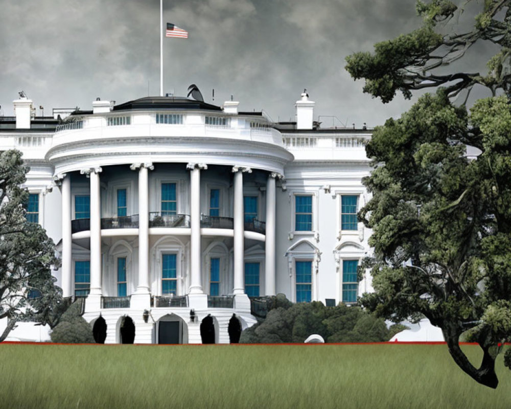 Neoclassical White House facade under stormy sky