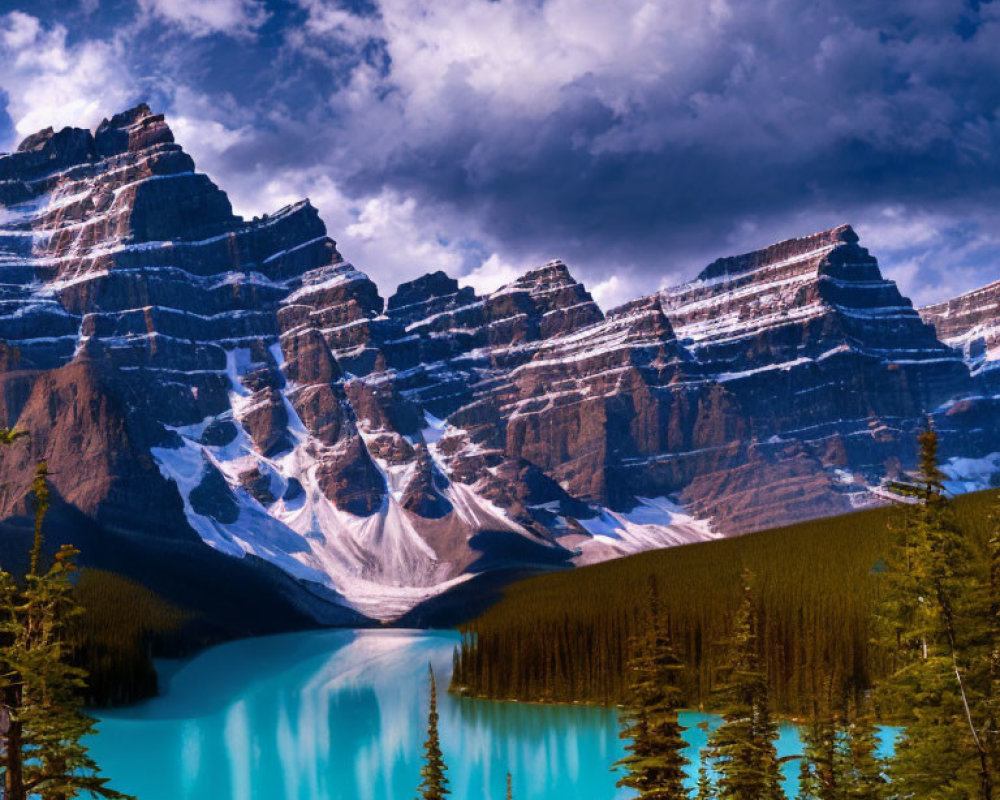 Snow-capped mountain peaks, turquoise lake, coniferous trees, dramatic sky