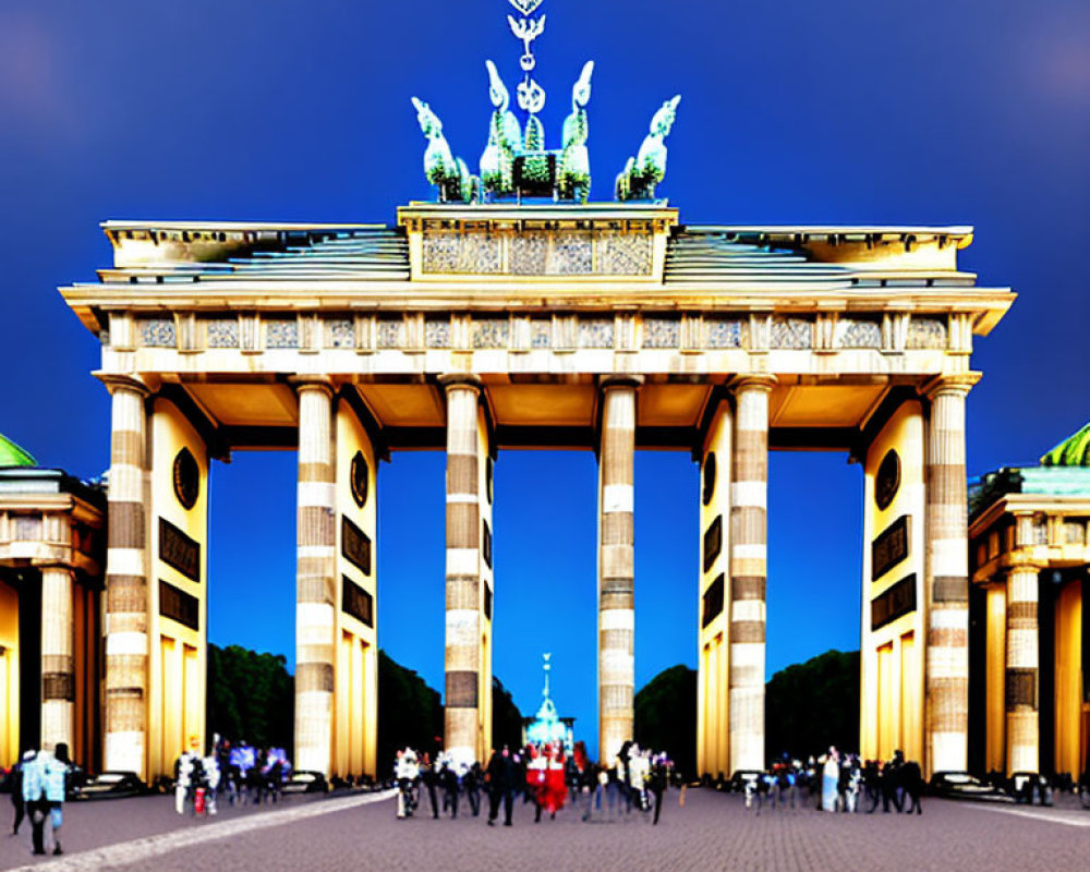 Twilight view of Brandenburg Gate with illuminated plaza and statue.