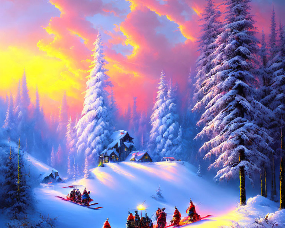 Snowy landscape with cottage, pine trees, and people on snowmobiles at dusk